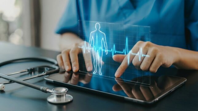 Doctor hands touching digital tablet screen with holographic heartbeat line interface, medical healthcare data technology concept and artificial intelligence diagnosis in modern hospital.