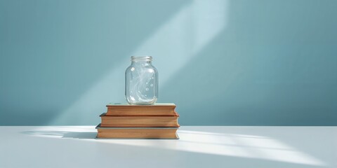 Glass jar filled with dreamlike objects on wooden books, used as a decorative display on a white table with a blue background, interior aesthetics