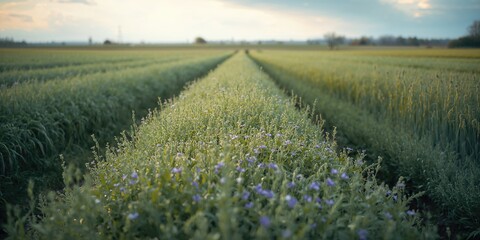 Fototapeta premium Spring wheat crops overtaken by weeds in dense overgrowth, agricultural weed management challenges