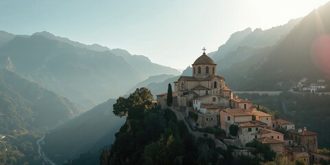 Ancient village scene with stone buildings and narrow streets, highlighting historical architecture, heritage preservation