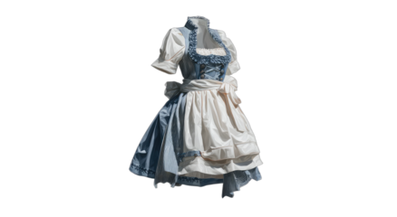 A light blue and white dress with puffy sleeves and an apron