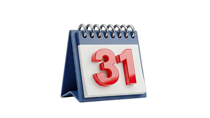 Desktop Flip Calendar Showing The Number 31 In Red 3D With A Blue Base And White Paper On A Transparent Background