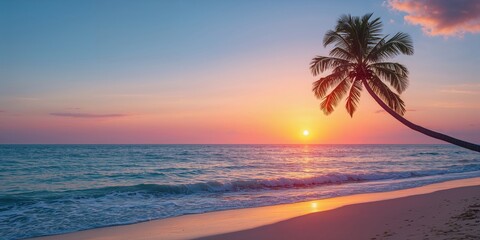 Sunrise over the ocean with a palm tree, ideal for tropical background designs