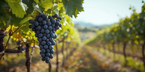 Obraz premium Cluster of black grapes on the vine in summer, highlighting fresh fruit for harvest scenes