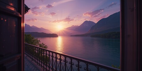 Balcony view of a mountain and lake scene during sunset, highlighting outdoor leisure areas