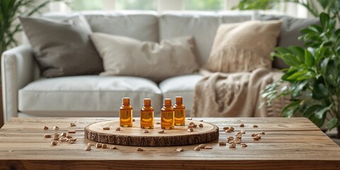 Aromatherapy essential oil bottles with wood chips used for relaxation in an apartment, suitable for wellness routines