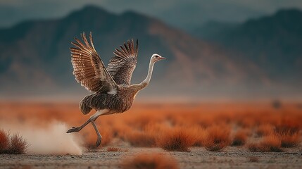 Ostrich Running Arid Plain Feathers