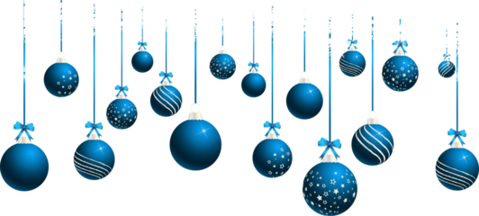 Decorative blue christmas baubles hanging from a snow-covered branch on a transparent background
