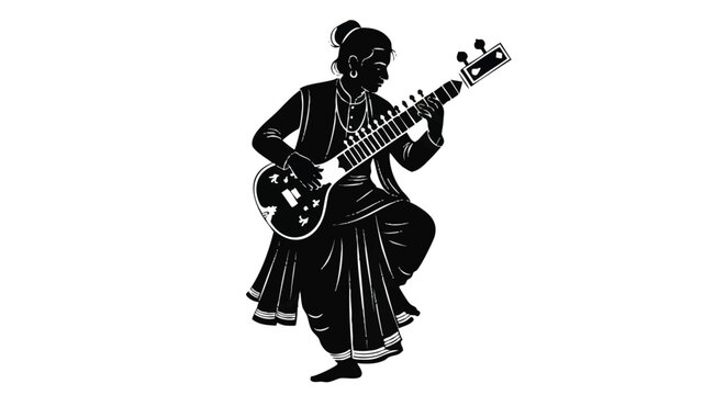 A striking 2D flat vector silhouette depicts an Indian classical musician intently performing traditional music, rendered as a simple black shape against a pure white background.