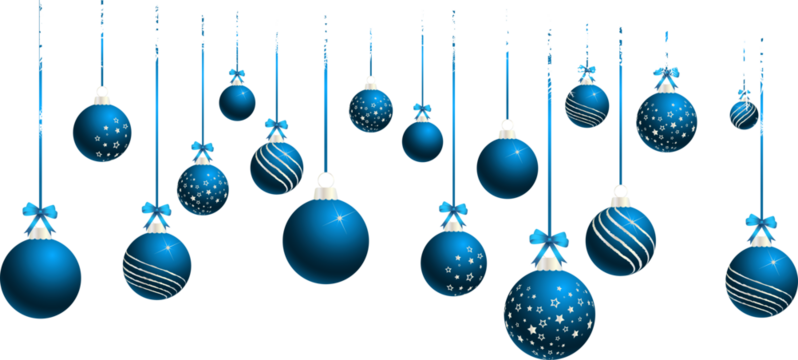 Decorative blue christmas baubles hanging from a snow-covered branch on a transparent background - Powered by Adobe
