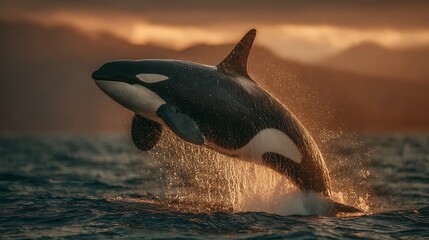 Obraz premium Orca leaping out water strong splash wallpapers