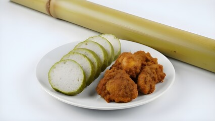 Traditional lemang and rendang served on a plate with bamboo in background, showcasing rich Southeast Asian culinary heritage.