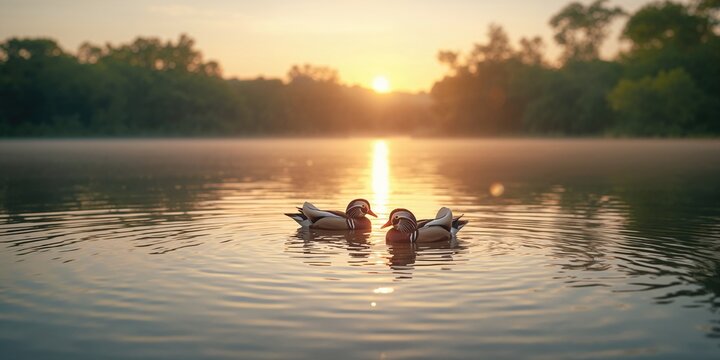 Pair of Mandarin ducks swimming in a lake, natural waterfowl behavior, seasonal change awareness