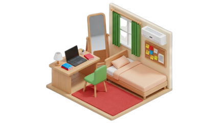 Cozy isometric bedroom scene with a wooden desk laptop books and a bed on a red rug with a green chair and window with blinds on a transparent background