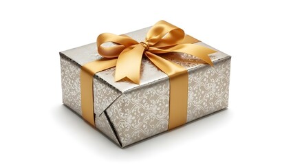 Elegant silver gift box with floral patterns and a golden bow, perfect for festive occasions like birthdays, anniversaries, or holidays.