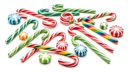 Colorful candy canes and peppermint sweets in festive stripes are arranged on white, evoking cheerful holiday vibes and celebration.