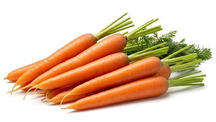 Fresh whole carrots with vibrant orange color and green tops arranged on white, symbolizing health, nutrition, and farm freshness.