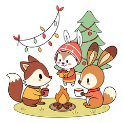Fototapeta premium Cute Woodland Animals, Christmas Campfire, Fox and Bunnies Drinking Hot Cocoa, Holiday Season Friends, Winter Greeting Card Design & Kawaii Style Vector Illustration – Adorable, Cozy, Furry & Joy