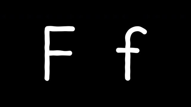 Letter F uppercase and lowercase scribble animated on transparent background. White alphabet F messy line motion graphic with alpha channel.