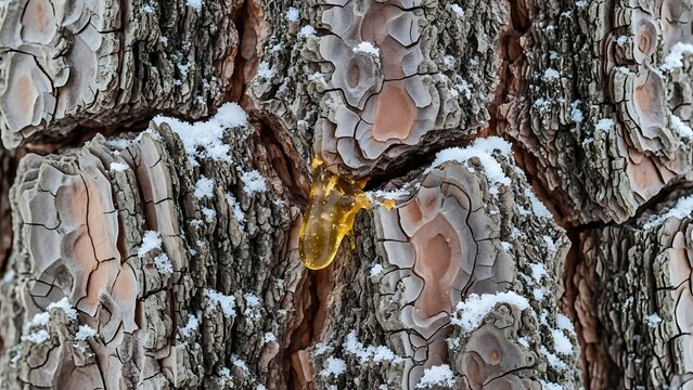 A bee covered in pollen clings to the snowcovered bark of a tree