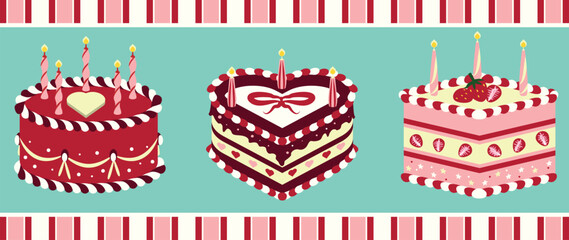 Cartoon valentine's day cake clip art elements set. A set of rounds, heart-shaped cakes. A colorful cake clips art collection for parties, weddings, anniversaries, and holiday celebrations.
