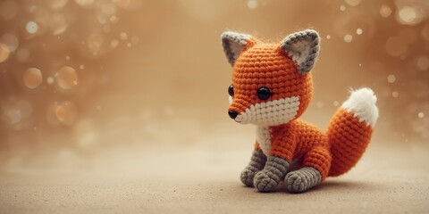 Naklejka premium Crochet fox plush made of orange and grey wool yarn, an organic toy for children, detailed close-up in art and crafts setting