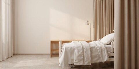 Empty hospital bed in a private room with a wooden table top, patient care environment, healthcare facility setting, World Health Day
