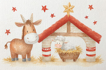 Fototapeta premium Christmas watercolor painting of a nativity scene with stable and star, peaceful holy night illustration