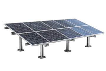 Ground-mounted solar panel array with metal frame on black background