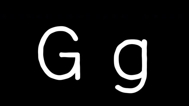 Letter G uppercase and lowercase scribble animated on transparent background. White alphabet G messy line motion graphic with alpha channel.