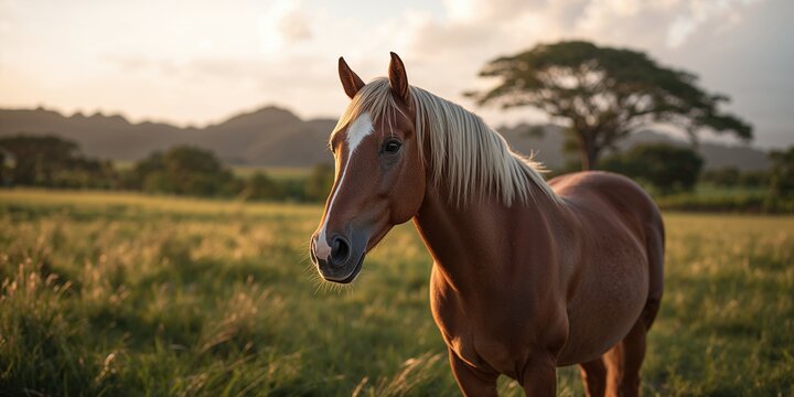 Elegant horse standing on a ranch in Kohala, Big Island, animal care and rural landscape