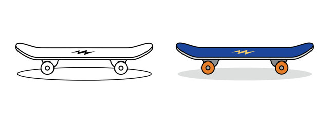 A bright blue skateboard design with a minimal style and blue and yellow stripes, presented in a vector illustration style with a clean silhouette.