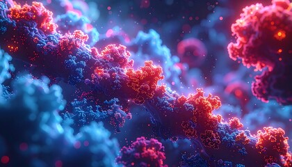 Glowing abstract of branching coral-like structures, illuminated in vibrant blues, reds, and purples, with soft bokeh lights