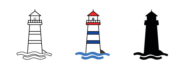 A set of minimalist vector icons of lighthouses in three different styles: outlined, colored, and solid black, representing guidance and safety.