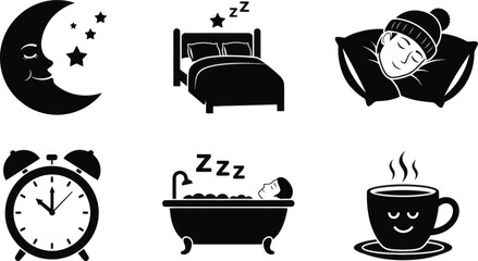 Daily Routine Icons Sleep Bath Coffee Set Vector