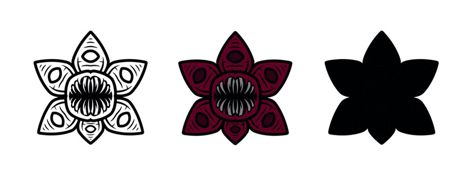 A stylized illustration of a demogorgon  designed with bold lines and contrasting colors in a vector style.