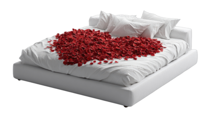 A pristine white bed is adorned with a heart shape of red rose petals