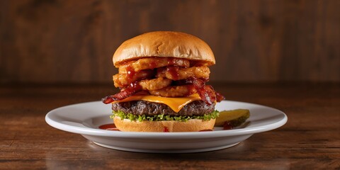 Burger topped with onion rings and barbecue sauce featuring pepperjack cheese, processed meat risk