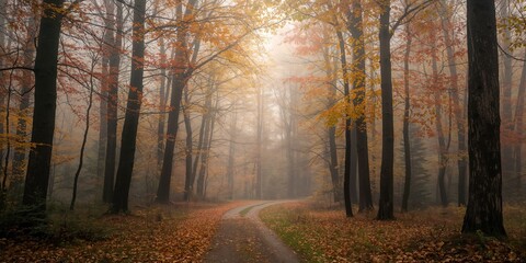Foggy autumn forest scene used as a background for text layout or editorial headers