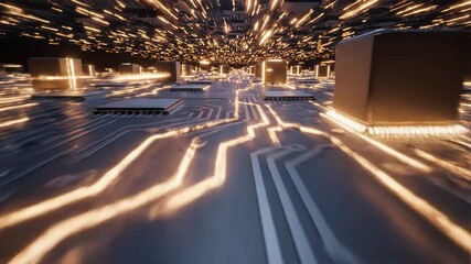 Abstract digital circuit board with glowing orange light trails representing data flow and processing in a futuristic environment - Powered by Adobe