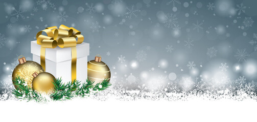 Gray Christmas Card Snow Golden Baubles Twigs Gift Header