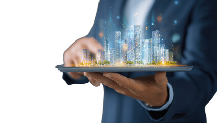 Person holding tablet displaying futuristic digital city model with glowing lights