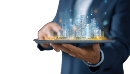 Person holding tablet displaying futuristic digital city model with glowing lights