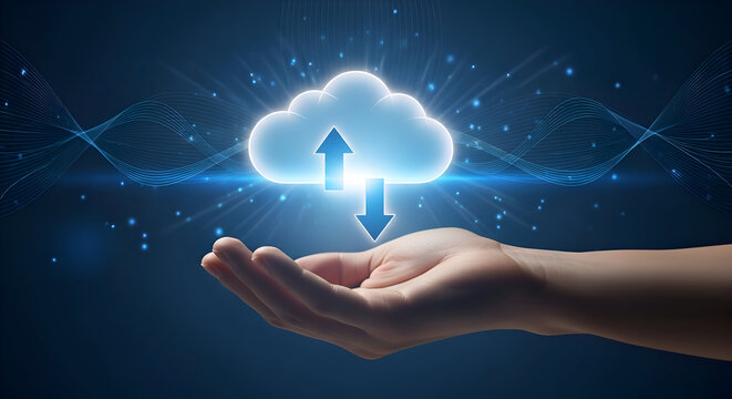 Glowing digital cloud computing symbol with up and down arrows held above an open human hand against a dark blue abstract technology background - Powered by Adobe