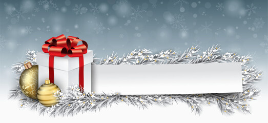 Paper Banner Golden Baubles Frozen Fir Twigs Christmas Gift