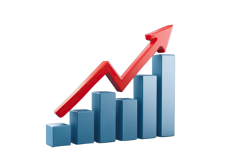 3D rising bar graph with red arrow showing upward trend