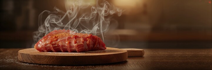 Whole slab of smoked bacon on chopping board prepared for slicing, food safety and proper handling