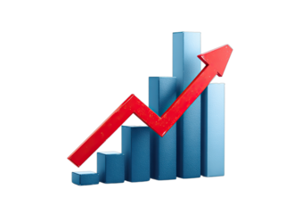 Blue bar chart with a red arrow trending upward, illustrating growth