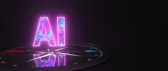 AI Direction Concept with Futuristic Compass and Glowing Letters. 3D illustration.