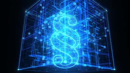 Digital Law Symbol in Futuristic Virtual Data Space. 3d illustration.
